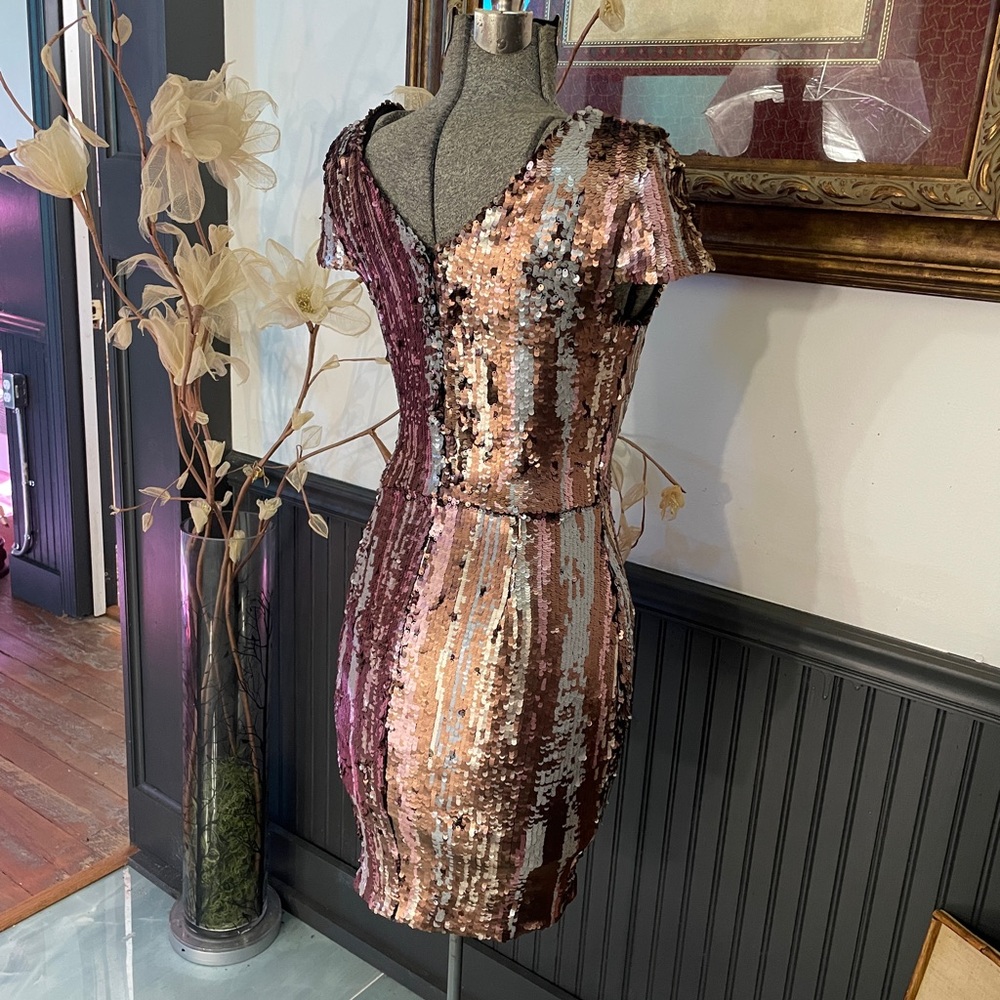 Dress the Population Zoe Dimensional Sequin Plunge Mini Dress Sz S 🧡🎀 - Picture 8 of 13